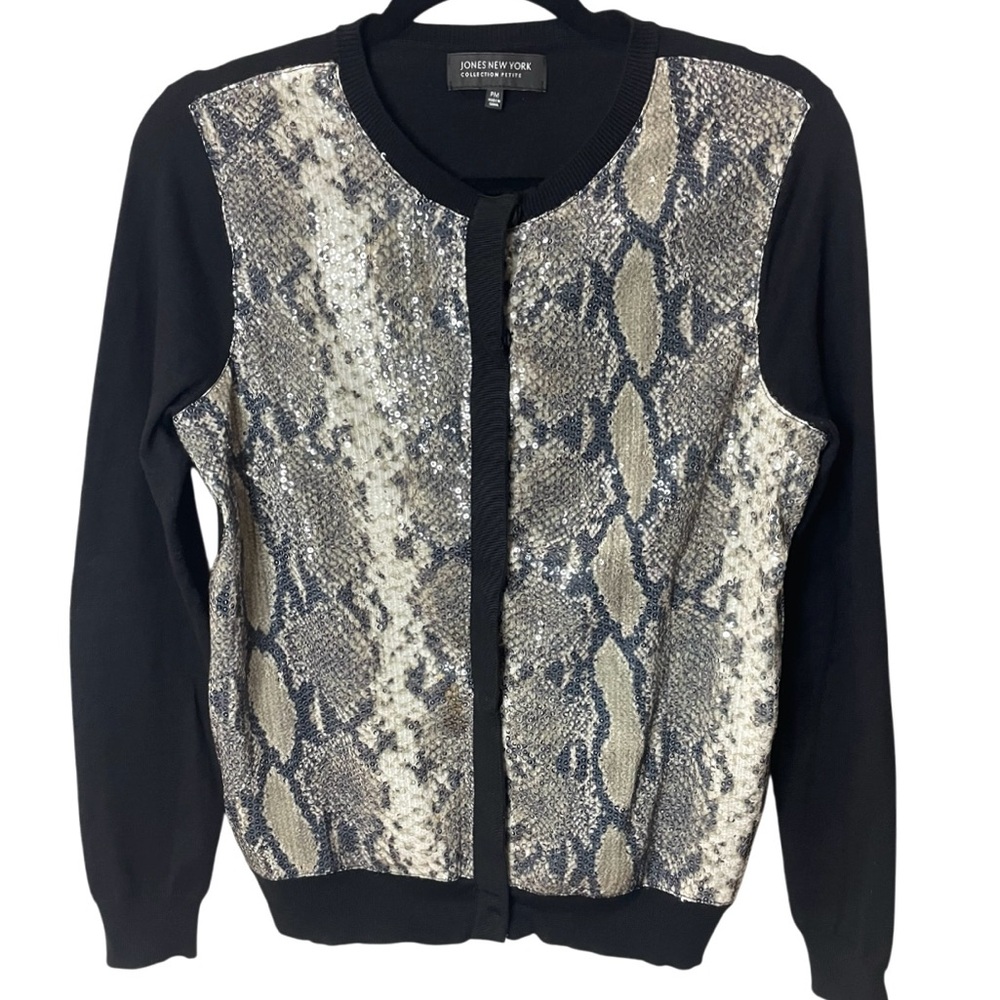 Jones New York Black Sequins Cardigan Long Sleeve Snake Print SZ M Petite
